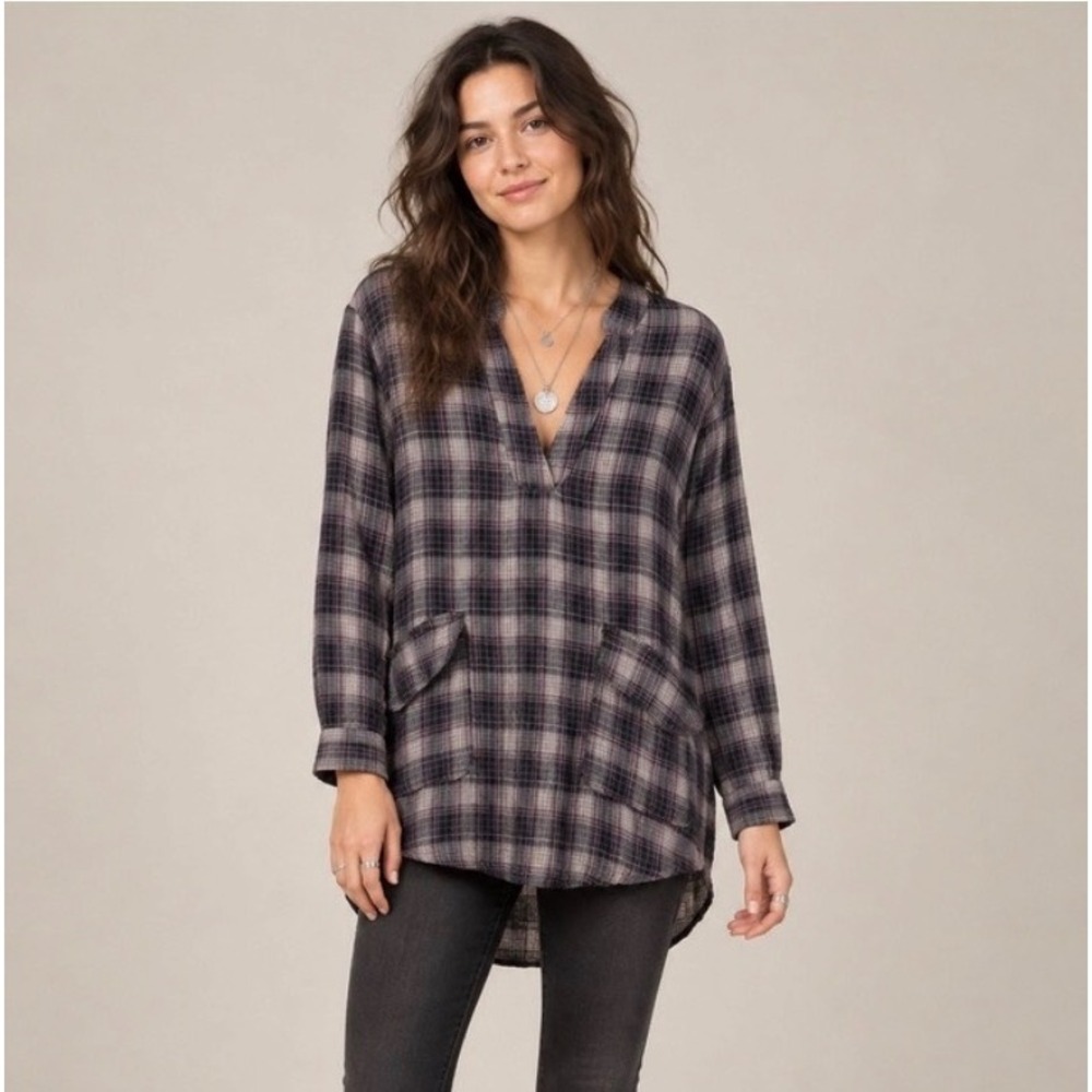 NEW Natural Life Plaid Tunic Women Medium Purple Cotton Split Neck Pockets Boho